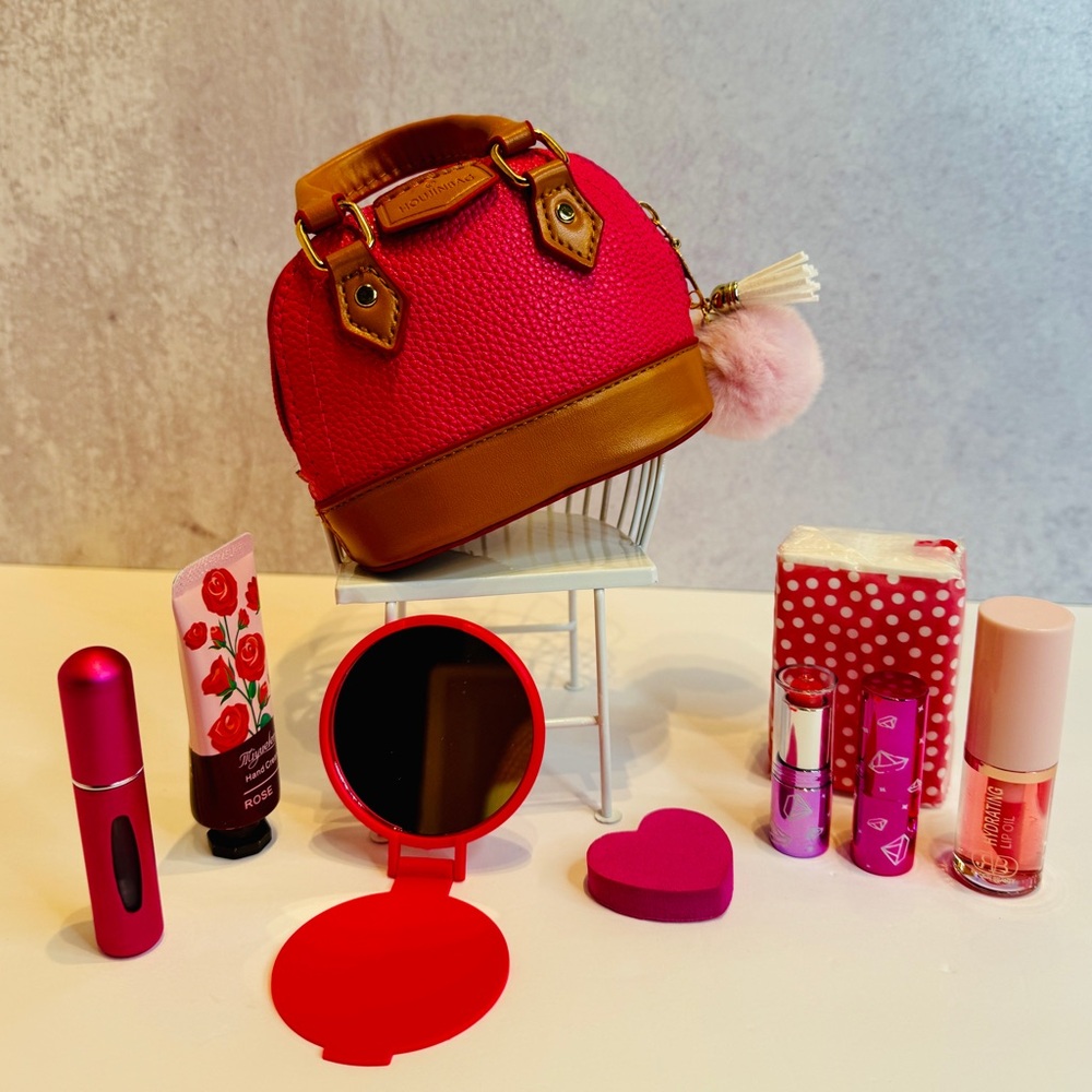 Pink and Brown Handbag with Accessories